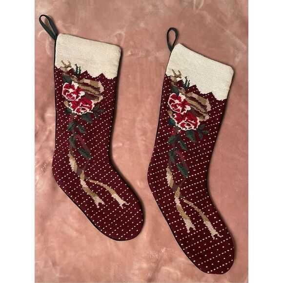 Two Vintage 18” needlepoint Rose Christmas Stockings - Picture 1 of 11